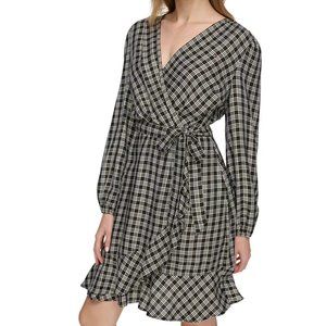 Tommy Hilfiger Check Ruffle-Hem Wrap Dress - Black Size 8